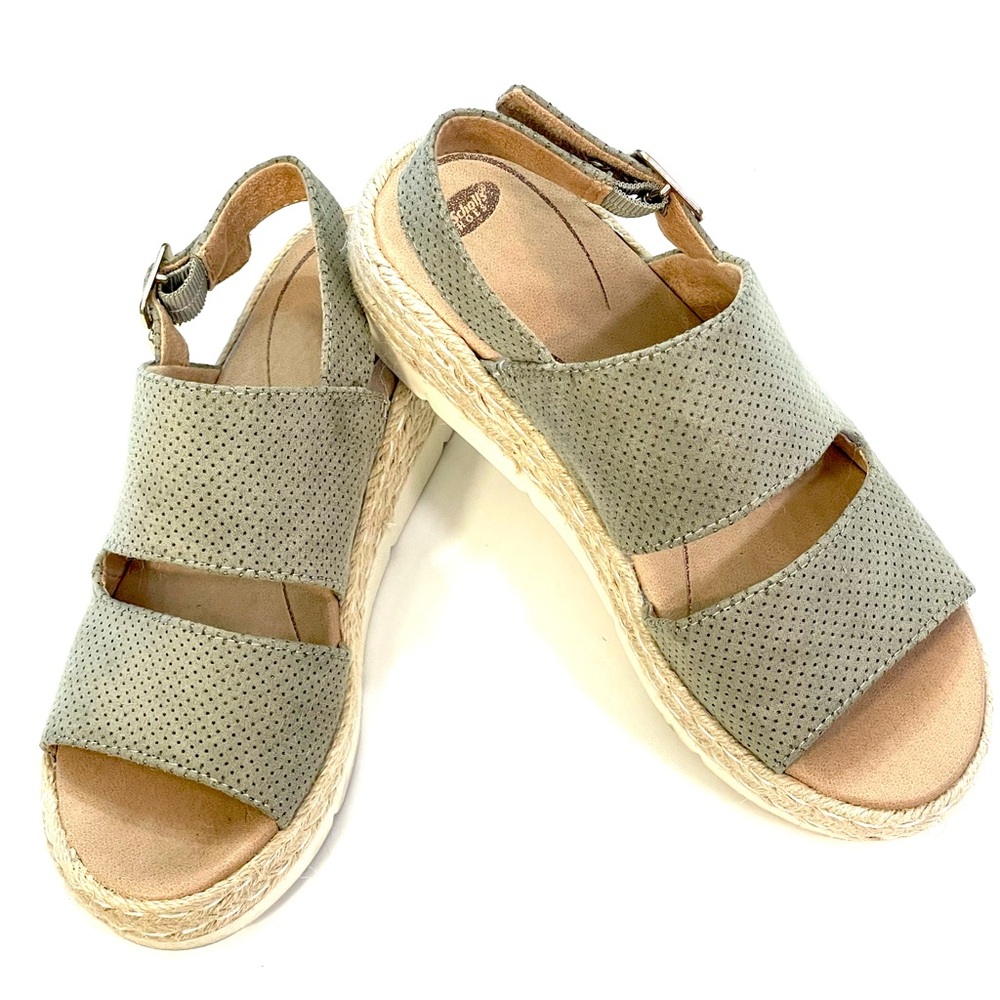 DR. SCHOLL’S LOW PLATFORM WEDGE SANDAL SZ 6M SAGE GREEN